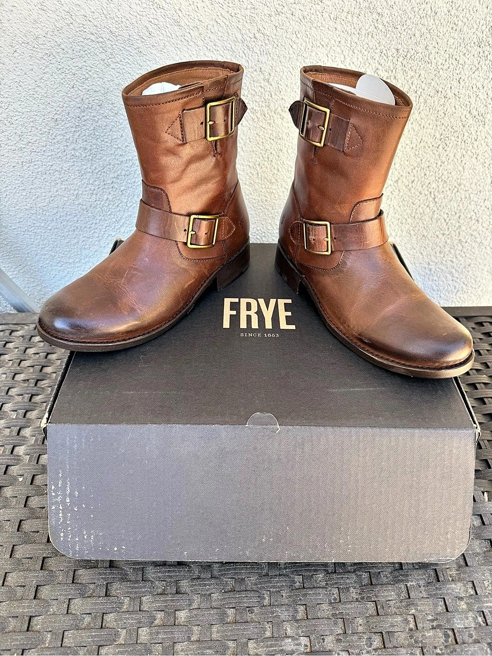 Frye Veronica Short Boot Brown Leather Moto Boots, never worn, in box